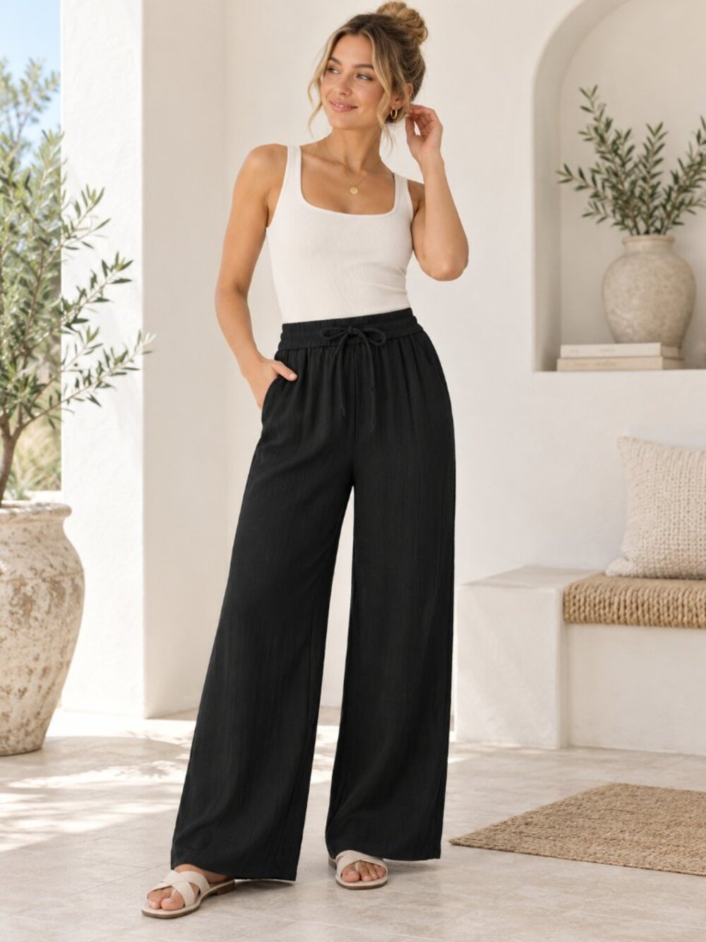Halara Black High Waisted Wide Leg Linen Feel Pants M Regular NWOT